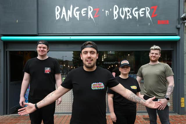 From left, Callum White, general manager Ellis Bloy, Mollie Turvey and assistant manager Robert Marsh at the Bangerz 'n' Burgerz branch in West Street, Havant, pictured last summer
Picture: Chris Moorhouse (jpns 210621-25)