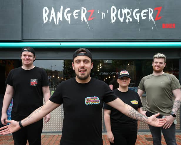 From left, Callum White, general manager Ellis Bloy, Mollie Turvey and assistant manager Robert Marsh at the Bangerz 'n' Burgerz branch in West Street, Havant, pictured last summer
Picture: Chris Moorhouse (jpns 210621-25)
