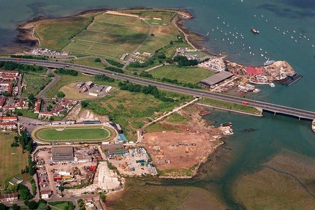 The area of land at Tipner bisected by the M275 motorway entrance to Portsmouth, with the greyhound stadium and Pounds yard at bottom left, and the Tipner ranges with Pounds shipbreakers at top. Picture Mike Scaddan