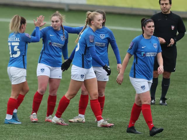 Pompey Women come together to celebrate Tamsin De Bunsen, second left, breaking the deadlock with a stunner against Moneyfields Picture: Dave Haines