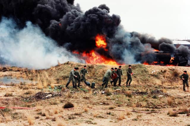 Firefighting drills at the Army School of Petroleum in Westmoors, Dorset in the 1990s. Picture: Chris Moorhouse (jpns 270422-15)