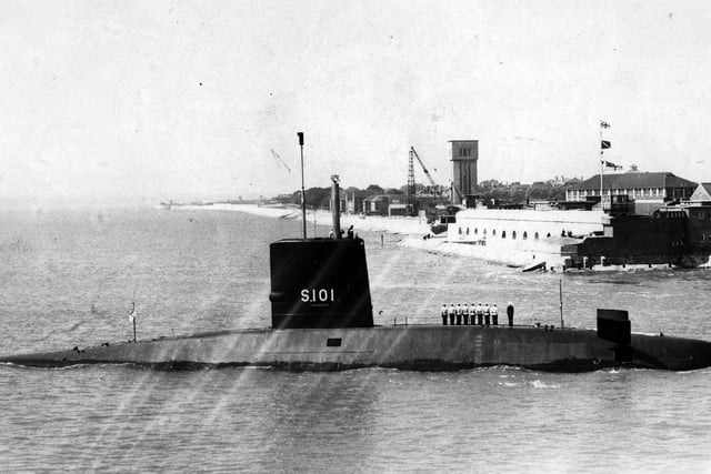 HMS Dreadnought passing Gosport. She was the UK's first nuclear-powered submarine, launched in 1960 and decommissioned in 1980, undated. The News PP3094