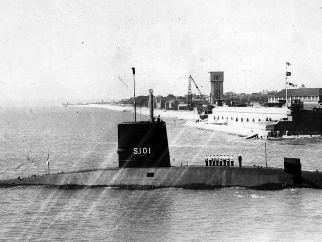 HMS Dreadnought passing Gosport. She was the UK's first nuclear-powered submarine, launched in 1960 and decommissioned in 1980, undated. The News PP3094