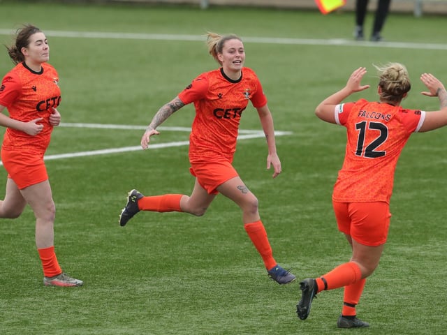Chelsie Hay pulls a goal back for Gosport Falcons. Picture: Dave Haines