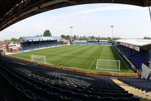 Stockport's Edgeley Park groun will host two pilot events this month with a number of supporters allowed in. Guiseley are also hosting two games. Photo by Pete Norton/Getty Images.