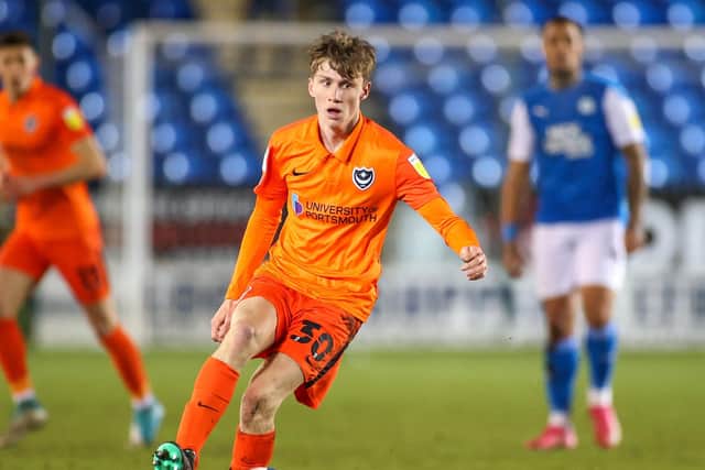 Hayling Island's Harry Jewitt-White made his Pompey first-team debut as a 16-year-old in the EFL Trophy last season. Picture: Nigel Keene/ProSportsImages