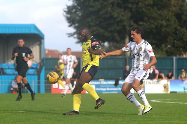 Nick Dembele in action against Tiverton. Picture: Tom Phillips