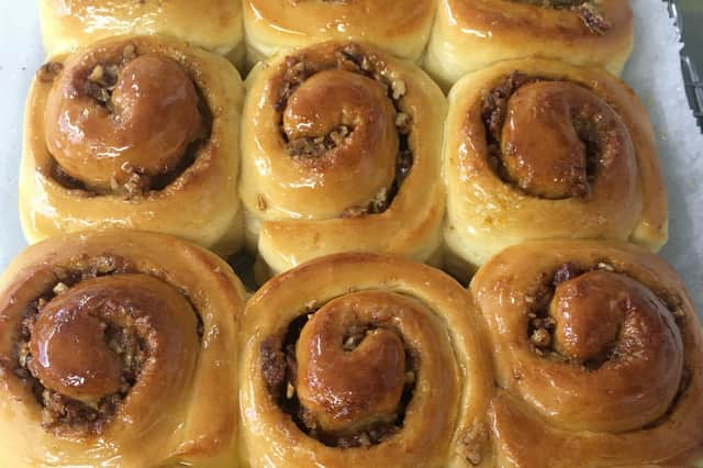 Orange, nutmeg and pecan Chelsea buns, by Lawrence Murphy