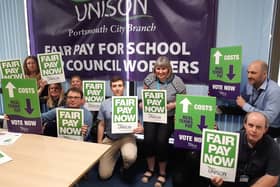 Unison is balloting its members in schools and councils in England, Wales and Northern Ireland who are on nationally agreed pay for strike action to support its pay claim of 12.7 per cent. The postal ballot starts on 23 May and closes on 4 July. Unison is recommending members vote yes for strike action. Pictured is the Portsmouth Unison group 

 

"The government keep telling us inflation will fall by the end of the year, but I have no confidence in their promises. In any case, the huge price rises that have already eaten into our wages will continue to do so. The cost of our 12.7% pay claim is approximately £1.1B. Half of this comes straight back to central government through increased tax payments and reduced benefits. This year's spring budget gave £9B of tax cuts to big business. During the pandemic £10B was wasted on PPE contracts that didn’t deliver. Central government can afford to fully fund the pay increase we need, and our schools and councils need. The only way we can get fair pay for school and council workers is to vote for strike action." said Jon Woods, Portsmouth City UNISON Branch Chair

 

Photo shows members of Portsmouth City UNISON getting behind the pay campaign at a meeting on 17 May 2023.
