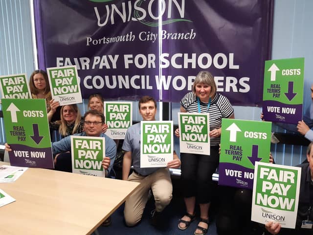 Unison is balloting its members in schools and councils in England, Wales and Northern Ireland who are on nationally agreed pay for strike action to support its pay claim of 12.7 per cent. The postal ballot starts on 23 May and closes on 4 July. Unison is recommending members vote yes for strike action. Pictured is the Portsmouth Unison group 

 

"The government keep telling us inflation will fall by the end of the year, but I have no confidence in their promises. In any case, the huge price rises that have already eaten into our wages will continue to do so. The cost of our 12.7% pay claim is approximately £1.1B. Half of this comes straight back to central government through increased tax payments and reduced benefits. This year's spring budget gave £9B of tax cuts to big business. During the pandemic £10B was wasted on PPE contracts that didn’t deliver. Central government can afford to fully fund the pay increase we need, and our schools and councils need. The only way we can get fair pay for school and council workers is to vote for strike action." said Jon Woods, Portsmouth City UNISON Branch Chair

 

Photo shows members of Portsmouth City UNISON getting behind the pay campaign at a meeting on 17 May 2023.