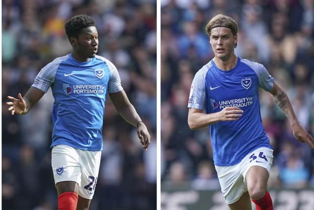 Pompey defenders Di'Shon Bernard, left, and Ryley Towler, right.
