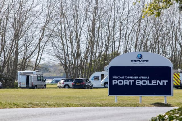 Travellers set up camp on field opposite Port Solent car park on 27 April 2021