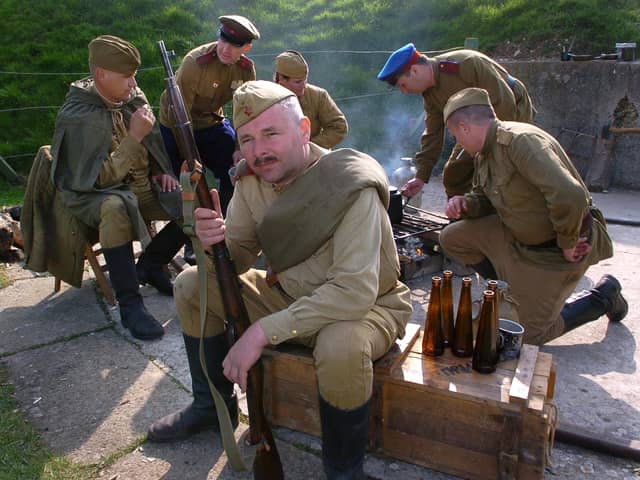 2005. Members of the 2nd Guards Rifle Division of The Soviet Red Army 1941-45 - ' The Great Patriotic War ' join in the re-enactments at Fort Nelson. Picture: Malcolm Wells 051491-66