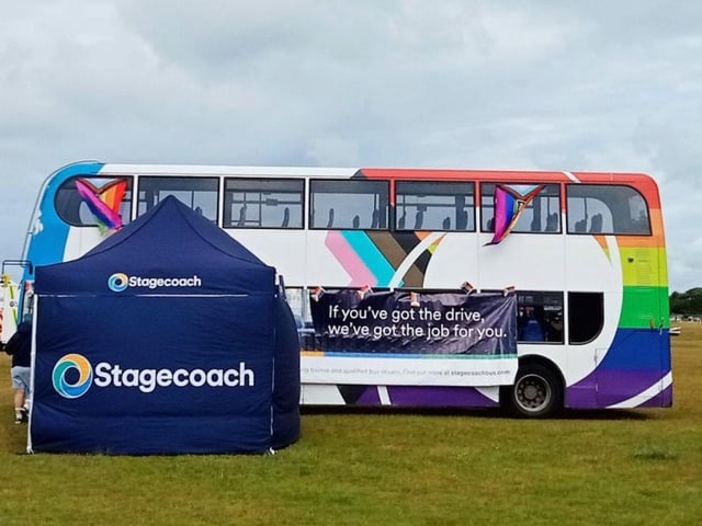 Stagecoach South's Pride bus at Portsmouth Pride