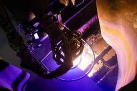 The picture shows the hot plasma “blade” slicing through metal at the Chinese shipyard as the first section is cut of Brittany Ferries' LNG hybrid ferries Saint0Malo, due to enter service in 2025