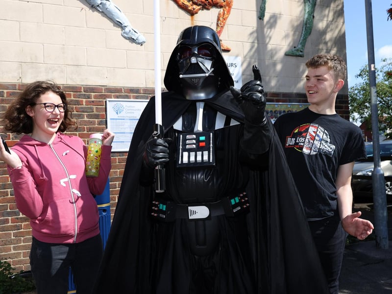 Pictured is Darth Vader with Lauren, (L) and Keelan, (R)