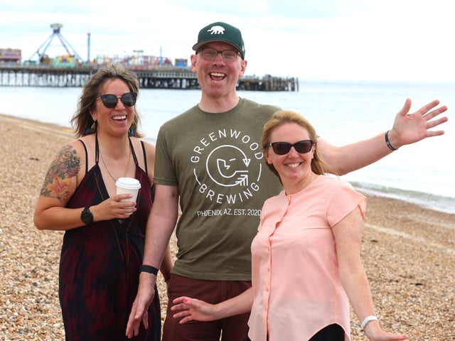 Scenes in Portsmouth and Southsea of people enjoying the Bank Holiday Monday. Pictured is (L-R) Danielle Lyons, Tim Bowman and Pamela Laing.
Monday 28th August 2023.
Picture: Sam Stephenson.