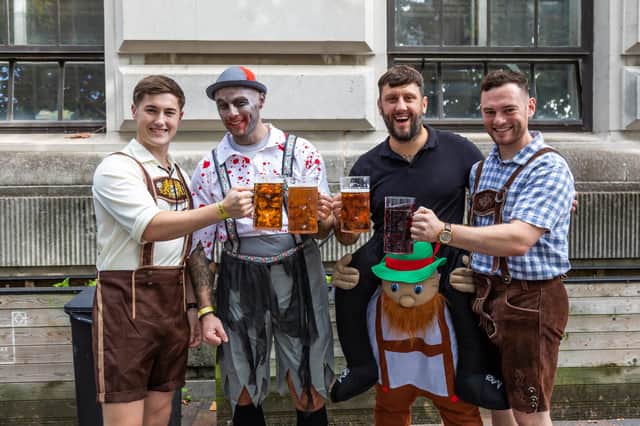 Army buddies visiting Oktoberfest from their base in Thorney Island. Pictured: Lewis Carroll 23, Chris Seabourne 31, Philip Armiger 35 and John Raughter 26. Picture: Mike Cooter (240922)