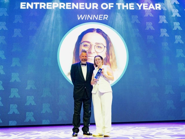 Host for the evening, Mark Collins of Nation Radio, with Entrepreneur of the Year recipient, Jodie Goodchild. Picture: Keith Woodland (270321-221)