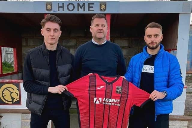 Petersfield Town joint managers Joe Lea, left, and Pat Suraci, right, with the club's head of football Mark Summerhill