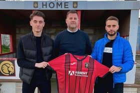Petersfield Town joint managers Joe Lea, left, and Pat Suraci, right, with the club's head of football Mark Summerhill