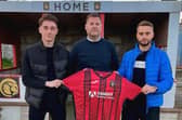 Petersfield Town joint managers Joe Lea, left, and Pat Suraci, right, with the club's head of football Mark Summerhill