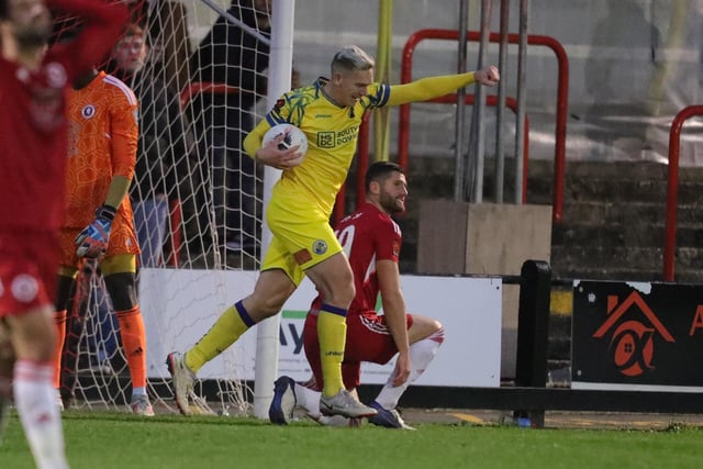 Danny Wright celebrates a Hawks goal. Picture by Dave Haines