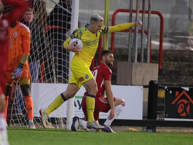 Danny Wright celebrates a Hawks goal. Picture by Dave Haines