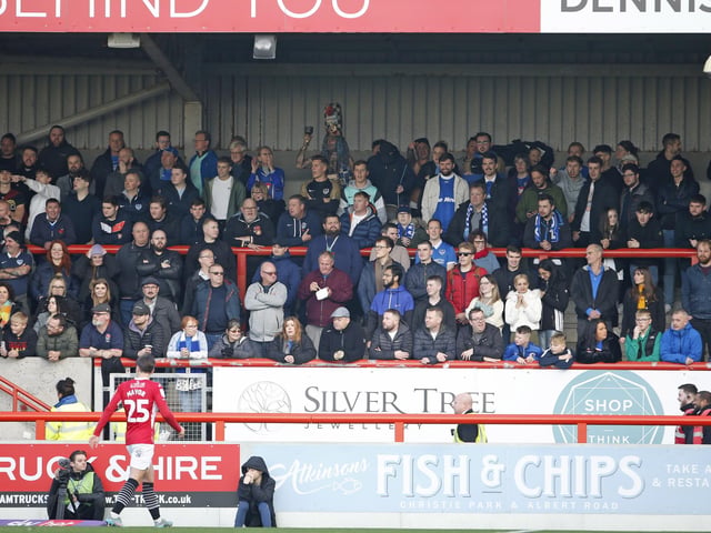 Portsmouth fans during the EFL Sky Bet League 1 match between Morecambe and Portsmouth at the Globe Arena, Morecambe, England on 12 November 2022.