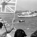 HMS Herald a survey ship returns from the Falklands in 1982. The News PP4865