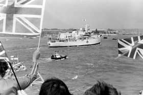 HMS Herald a survey ship returns from the Falklands in 1982. The News PP4865