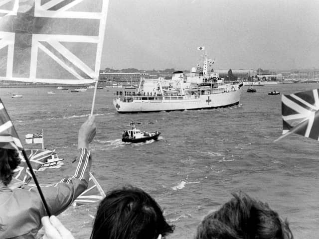 HMS Herald a survey ship returns from the Falklands in 1982. The News PP4865