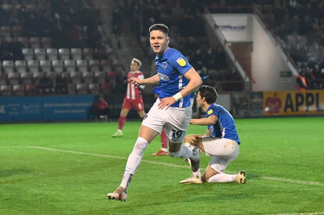 George Hirst celebrates after giving Pompey a fifth-minute lead against Exeter in the Papa John's Trophy. Picture: Graham Hunt/ProSportsImages