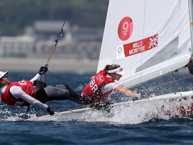 Eilidh McIntyre, left, and Hannah Mills battle the Enoshima Yacht Harbour waters at Tokyo 2020. Picture: Phil Walter/Getty Images)