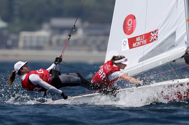 Eilidh McIntyre, left, and Hannah Mills battle the Enoshima Yacht Harbour waters at Tokyo 2020. Picture: Phil Walter/Getty Images)