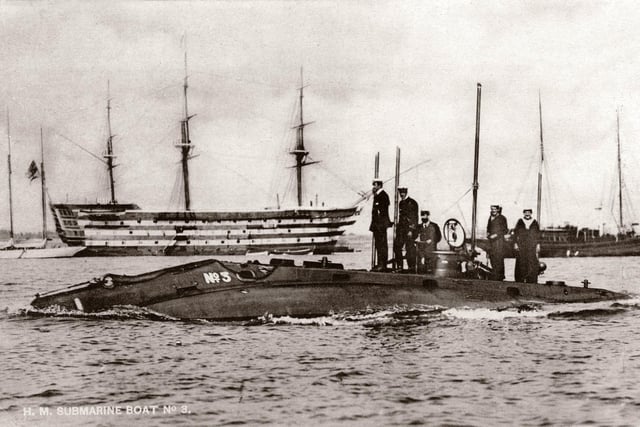 The submarine Holland 3 in Portsmouth Harbour in 1902. Picture: costen.co.uk
