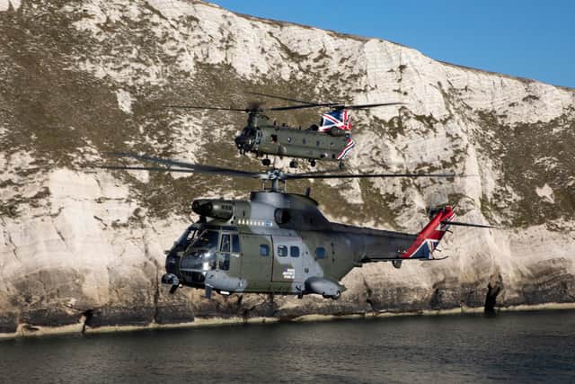 A formation flight of specially painted Chinook and Puma helicopter flew across the south east, visiting landmarks in Portsmouth, the Isle of Wight, Dover and London.
Image by Cpl Tim Laurence RAF.