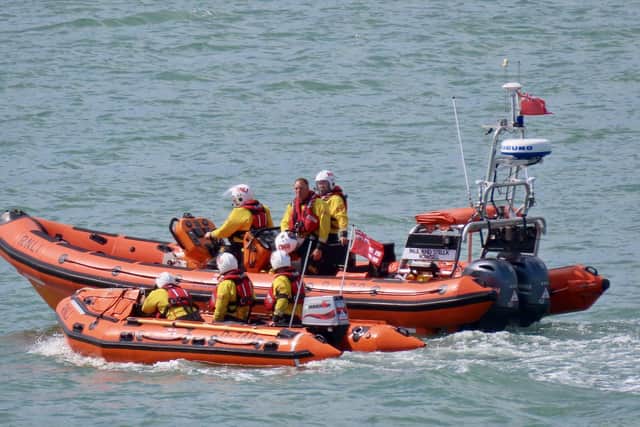 RNLI crews were called to a capsized catamaran yesterday. Pictured is the RNLI in Lee-on-the-Solent last year.