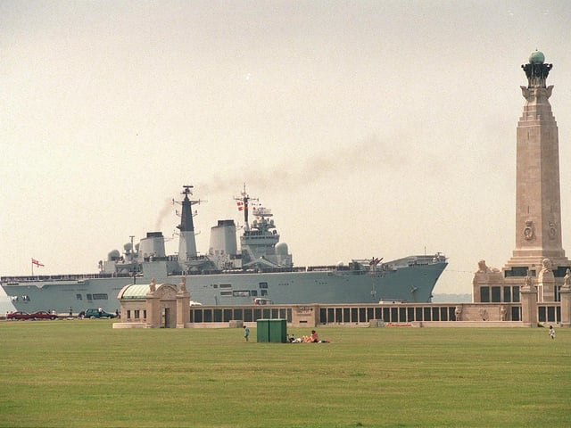 HMS Invincible passes the Naval War Memorial on the seafront at Southsea after returning from the Gulf and Adriatic in 1999. Picture: David Garvey