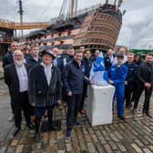 Unveiling of Sea Angling Classic Trophy at HMS Victory at the Historic Dockyard, Portsmouth on 20th May 2022

Pictured: BAE System members and Sea Angling team with apprentices of BAE systems and Hythe Marina with the Trophy ready to be unveiled outside HMS Victory, Portsmouth

Picture: Habibur Rahman