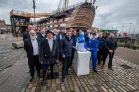 Unveiling of Sea Angling Classic Trophy at HMS Victory at the Historic Dockyard, Portsmouth on 20th May 2022

Pictured: BAE System members and Sea Angling team with apprentices of BAE systems and Hythe Marina with the Trophy ready to be unveiled outside HMS Victory, Portsmouth

Picture: Habibur Rahman