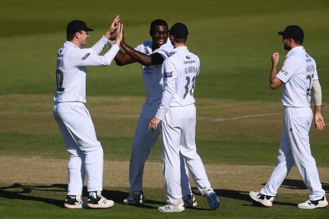 Keith Barker celebrates with team mates after dismissing Harry Brook on day three of Hampshire's County Championship clash with Yorkshire. Photo by Mike Hewitt/Getty Images