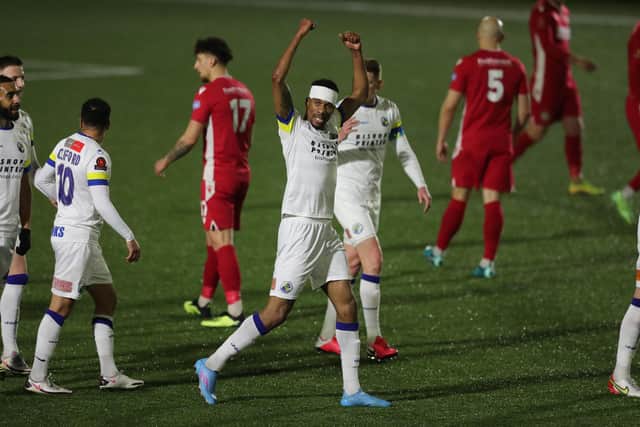 Manny Duku celebrates after scoring Hawks' second goal. Picture by Dave Haines