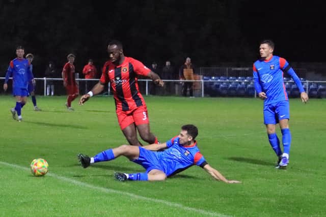 Action from Fareham Town (blue) v Winchester City last night. Picture by Ken Walker.