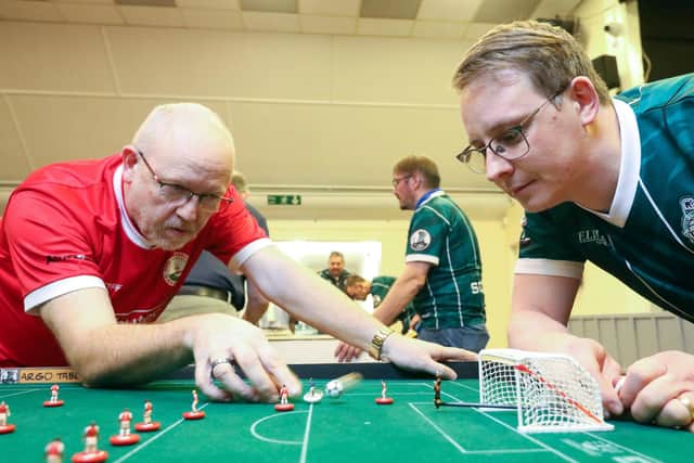 Club founder Corey Martin and England international Jason Christopher, left, of Solent Subbuteo and Table Soccer Club at Hedge End Social Club Picture: Chris Moorhouse (jpns 071222-32)