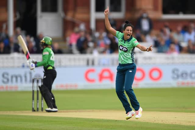 Oval bowler Marizanne Kapp celebrates after taking the wicket of Brave batter Danni Wyatt during The Hundred Final. Photo by Stu Forster/Getty Images.
