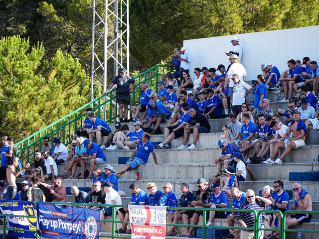 These Pompey fans make the most of the shade at Estadio Jose Burgos de Quintana - the venue for Pompey's recent pre-season friendly against Europa FC.