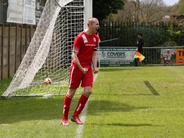 AFC Stubbington celebrate after scoring in their Oscar Owers Cup final victory over Rowner Rovers. Picture: Kevin Shipp