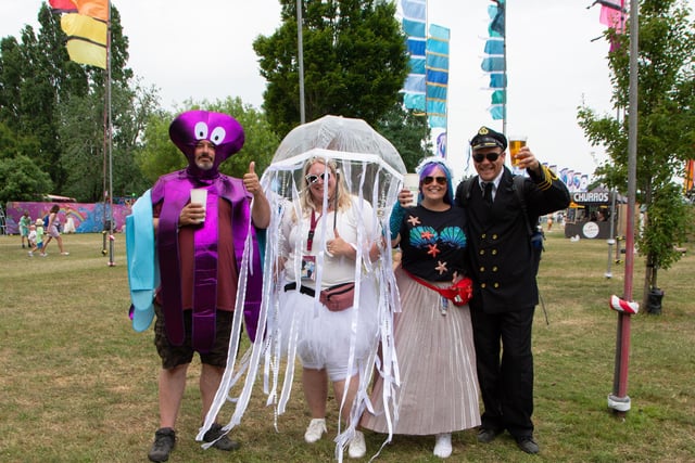 Debbie and Gavin Brewer and Katherine and Ben Waldron dress up for the sirens and sailors fancy dress theme at The Isle Of Wight Festival 2022.