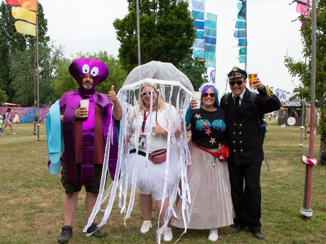 Debbie and Gavin Brewer and Katherine and Ben Waldron dress up for the sirens and sailors fancy dress theme at The Isle Of Wight Festival 2022.
